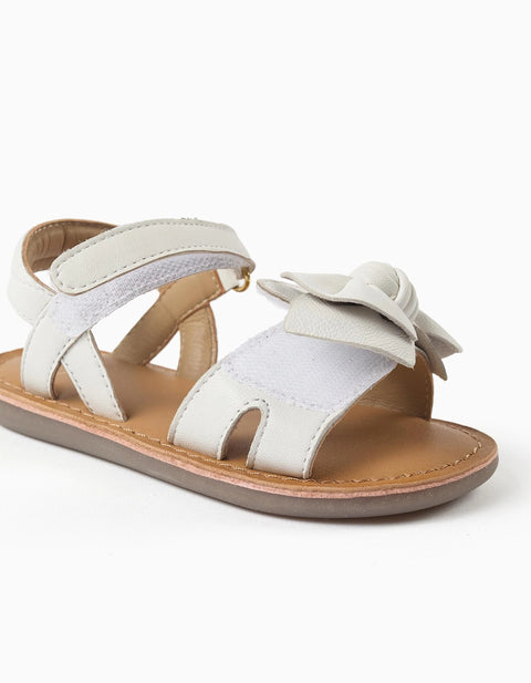 Leather Sandals with Decorative Bow for Baby Girls, White