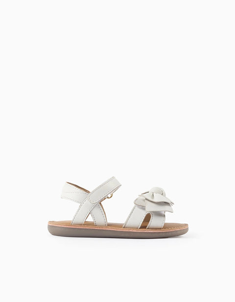 Leather Sandals with Decorative Bow for Baby Girls, White
