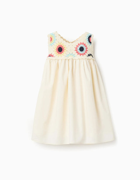 Dual-Fabric Dress with Crochet Flowers for Baby Girls, Light Beige