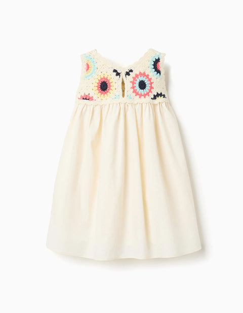 Dual-Fabric Dress with Crochet Flowers for Baby Girls, Light Beige