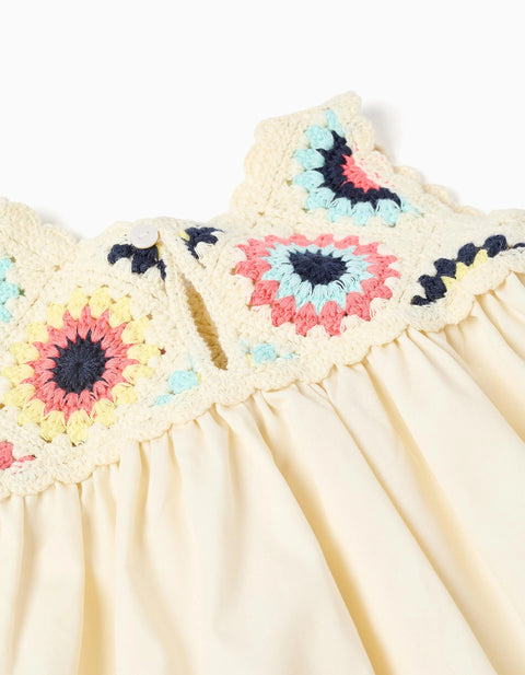 Dual-Fabric Dress with Crochet Flowers for Baby Girls, Light Beige