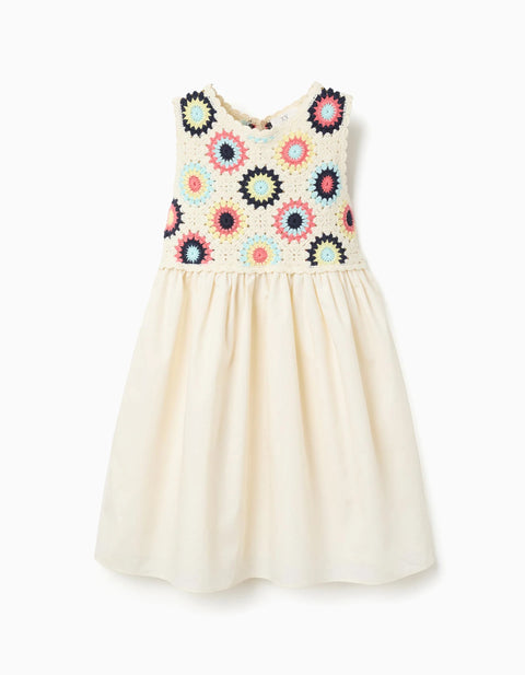 Dual-Fabric Dress with Crochet Flowers for Girls, Light Beige