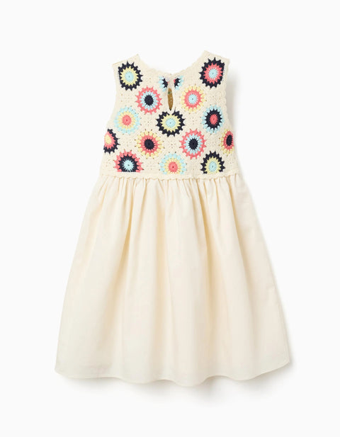 Dual-Fabric Dress with Crochet Flowers for Girls, Light Beige