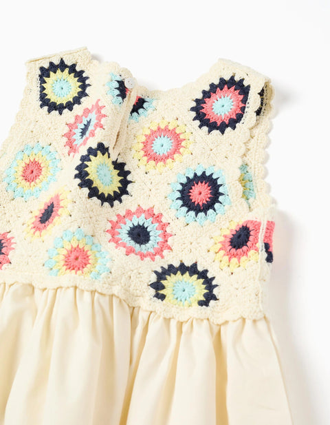 Dual-Fabric Dress with Crochet Flowers for Girls, Light Beige