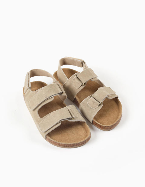 Suede Footbed Sandals with Cork Insole for Boys, Beige