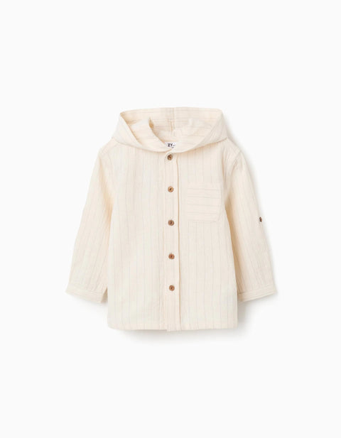 Long sleeve striped shirt in linen with hood for baby boys, light beige