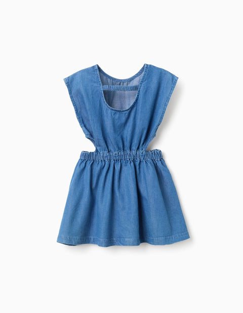 Sleeveless Short Denim Dress with Cut-Outs for Girls, Blue