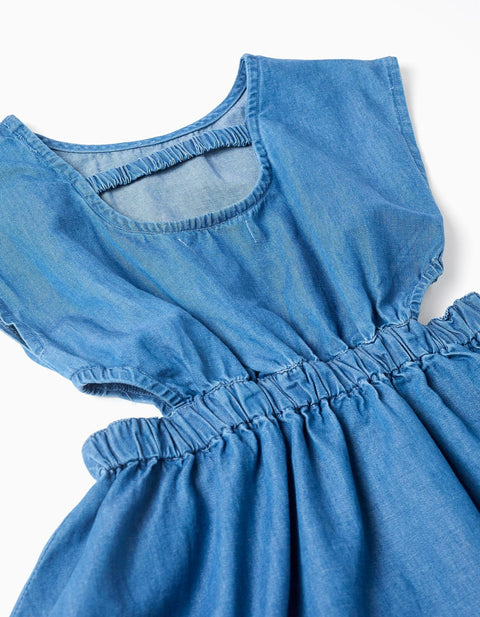 Sleeveless Short Denim Dress with Cut-Outs for Girls, Blue