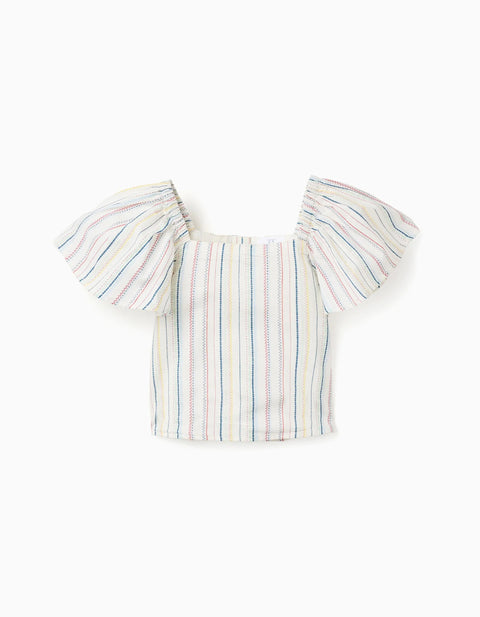 Cropped Cotton Blouse with Ethnic Stripes B&S for Girls, Multicolour