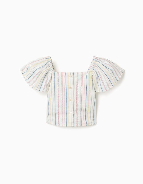 Cropped Cotton Blouse with Ethnic Stripes B&S for Girls, Multicolour