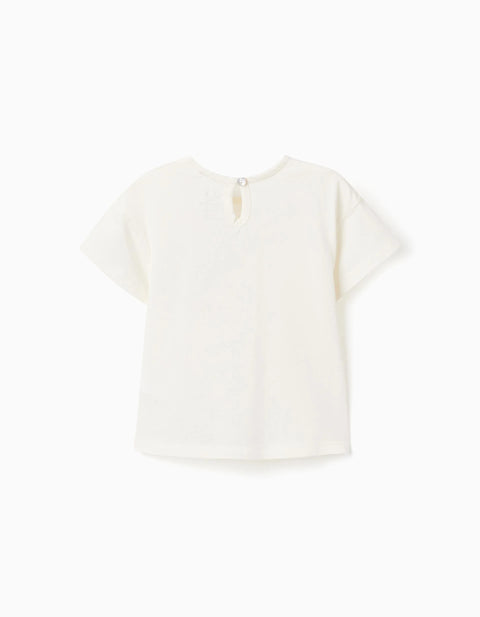 Cotton T-Shirt with Embroidered Pocket for Baby Girls, White