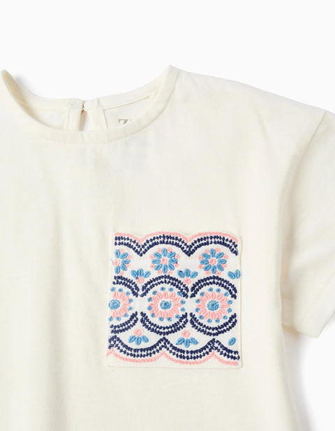 Cotton T-Shirt with Embroidered Pocket for Baby Girls, White