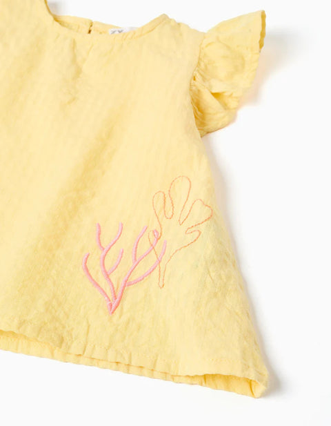 Cotton T-Shirt and Denim Shorts Set for Baby Girls, Yellow/Blue