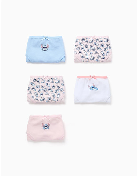 Pack of 5 Cotton Briefs with Stitch for Girls, Pink/Blue/White