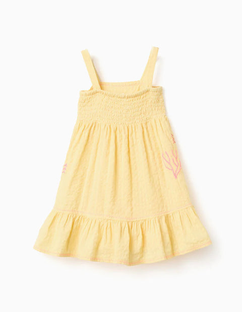 Sleeveless Cotton Dress with Embroidered Seaweed for Baby Girls, Yellow