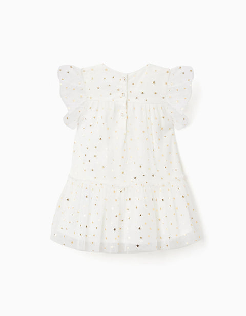 Sleeveless tulle dress with ruffles and stars for baby girls, white