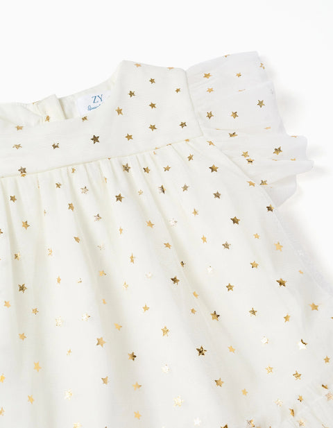 Sleeveless tulle dress with ruffles and stars for baby girls, white