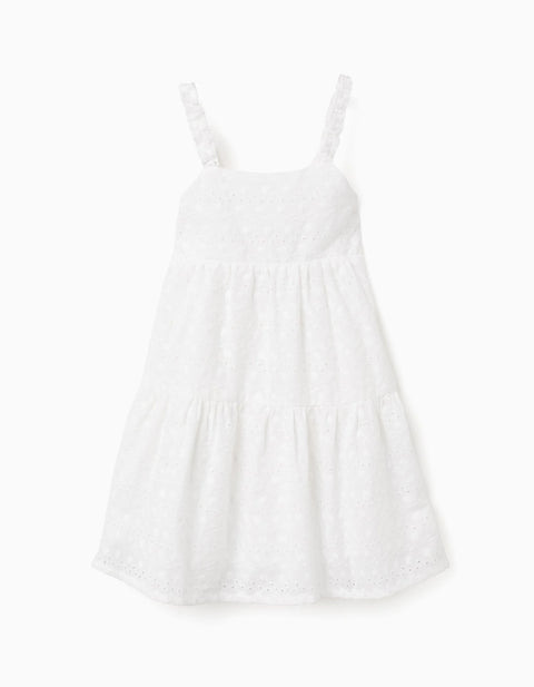 Strappy Cotton Dress with Broderie Anglaise for Girls, White