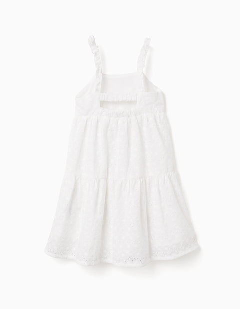 Strappy Cotton Dress with Broderie Anglaise for Girls, White