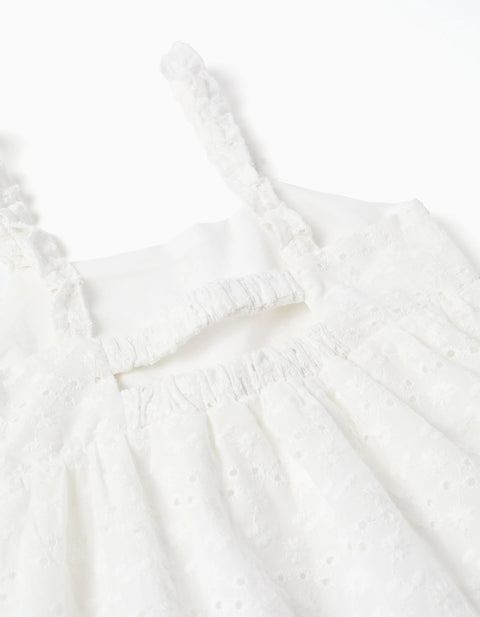 Strappy Cotton Dress with Broderie Anglaise for Girls, White