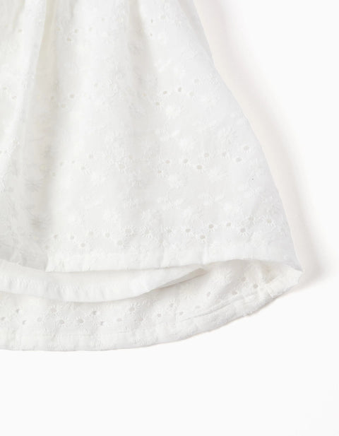 Strappy Cotton Dress with Broderie Anglaise for Girls, White
