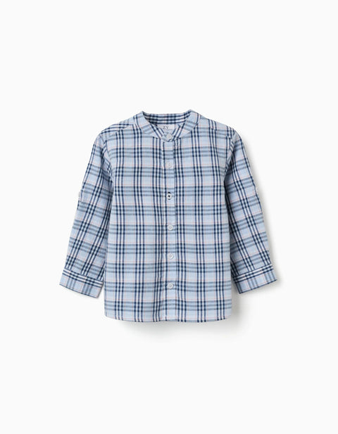 Cotton Checked Shirt with Roll-Up Sleeves B&S for Baby Boys, Blue