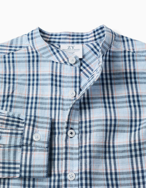 Cotton Checked Shirt with Roll-Up Sleeves B&S for Baby Boys, Blue