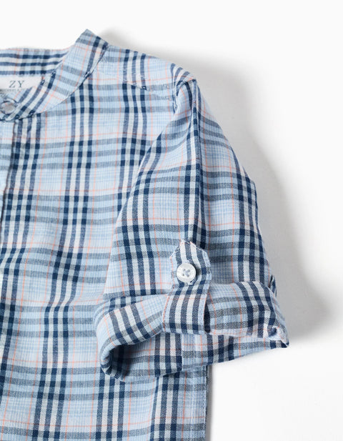 Cotton Checked Shirt with Roll-Up Sleeves B&S for Baby Boys, Blue