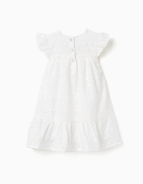 Cotton Dress with Broderie Anglaise and Ruffles for Baby Girls, White