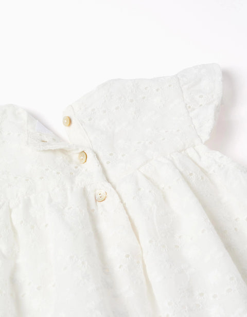 Cotton Dress with Broderie Anglaise and Ruffles for Baby Girls, White