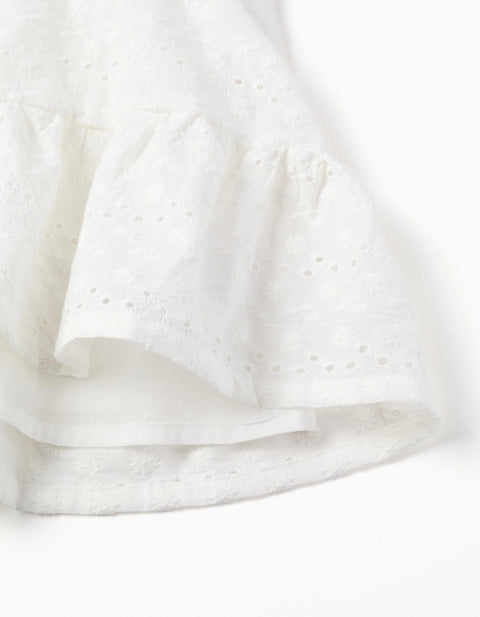 Cotton Dress with Broderie Anglaise and Ruffles for Baby Girls, White