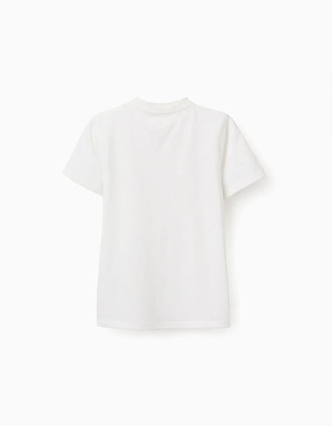 Cotton T-shirt with striped chest pocket for boys, white/red