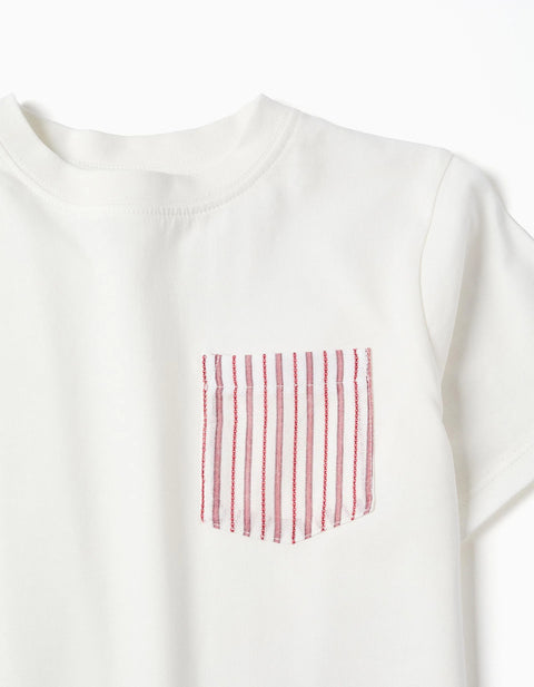 Cotton T-shirt with striped chest pocket for boys, white/red