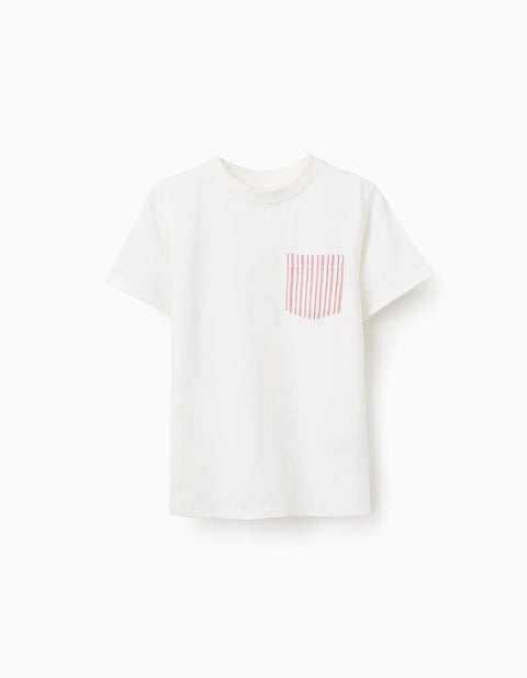 Cotton T-shirt with striped chest pocket for boys, white/red