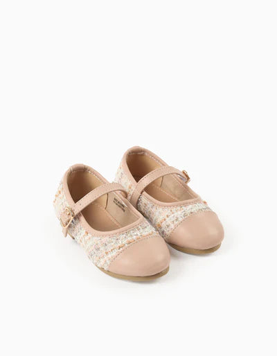 Ballerina Shoes inTweed with Strap for Baby Girls, Pink