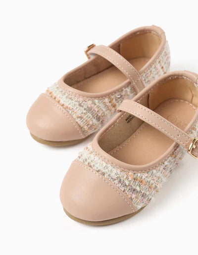Ballerina Shoes inTweed with Strap for Baby Girls, Pink