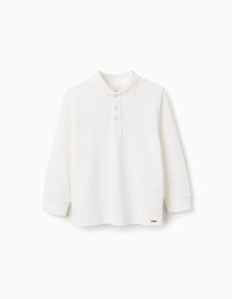 Long Sleeve Cotton Piqué Polo Shirt for Boys, White
