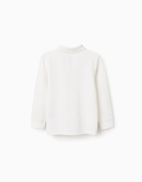 Long Sleeve Cotton Piqué Polo Shirt for Boys, White