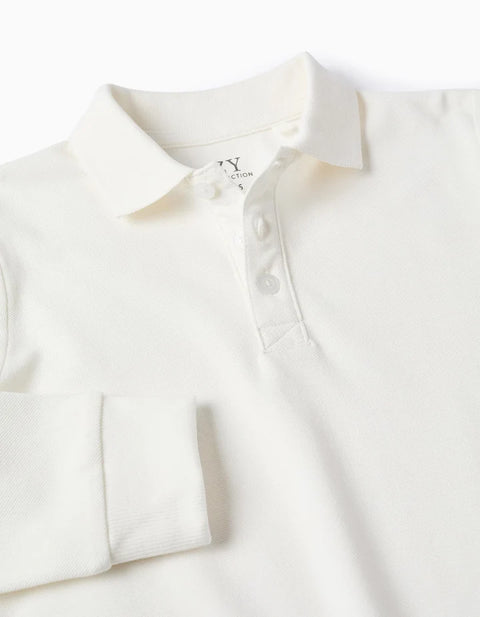 Long Sleeve Cotton Piqué Polo Shirt for Boys, White
