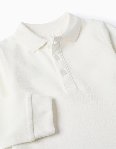 Long Sleeve Cotton Piqué Polo Shirt for Baby Boys, White