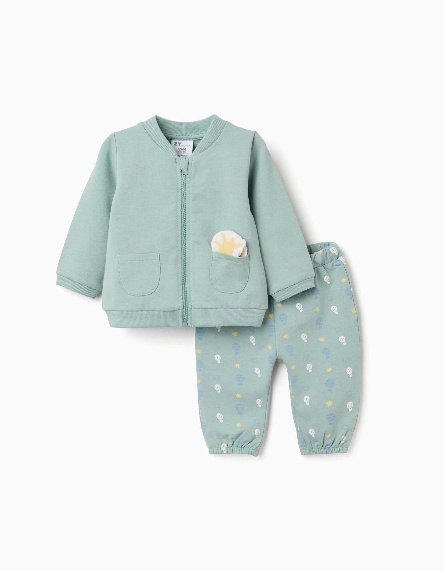 Cotton Jacket + Trousers with Motif for Newborn Boys, Light Green