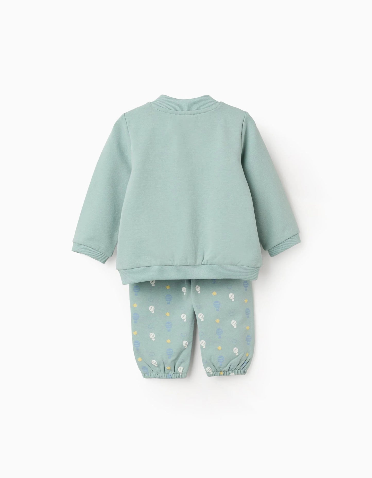 Cotton Jacket + Trousers with Motif for Newborn Boys, Light Green