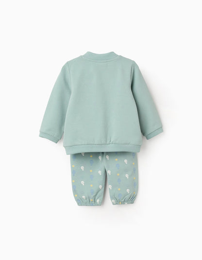 Cotton Jacket + Trousers with Motif for Newborn Boys, Light Green