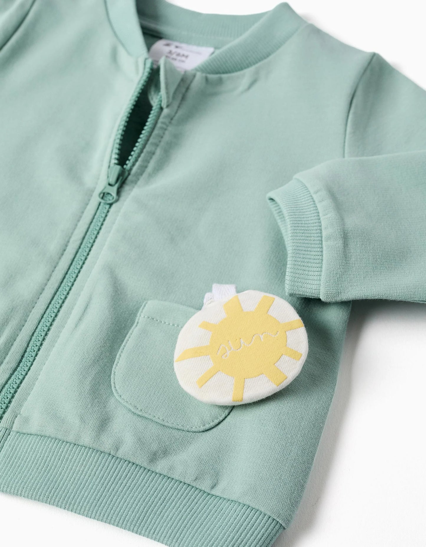 Cotton Jacket + Trousers with Motif for Newborn Boys, Light Green