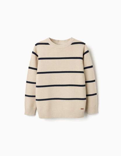 Cotton Knit Jumper with Stripes for Boys, Beige/Dark Blue