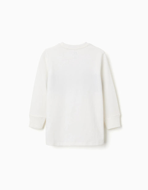 Long Sleeve Cotton T-Shirt with Print for Boys, White/Blue/Green