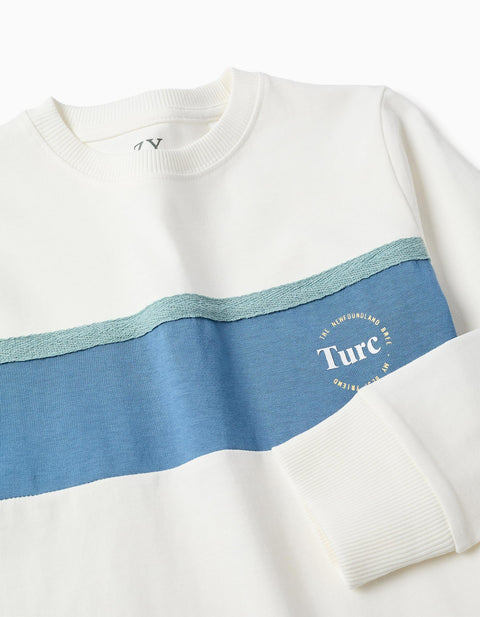 Long Sleeve Cotton T-Shirt with Print for Boys, White/Blue/Green
