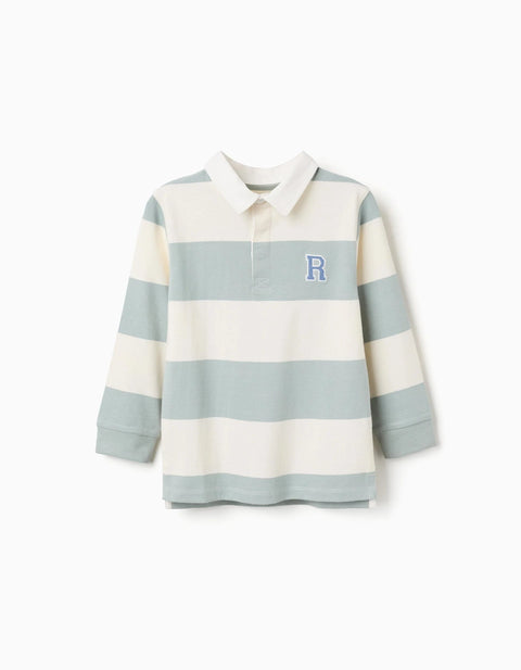 Long Sleeve Polo Shirt with Stripes for Boys, White/Light Green