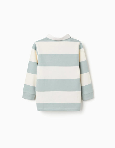Long Sleeve Polo Shirt with Stripes for Boys, White/Light Green