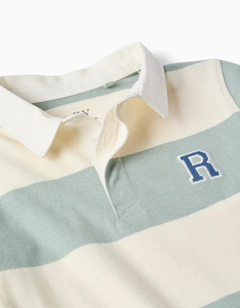 Long Sleeve Polo Shirt with Stripes for Boys, White/Light Green